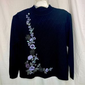 Embroidered Alfred Dunner Sweater Black Sequin Mock‎ Neck Wool Acrylic Sz.Sm.